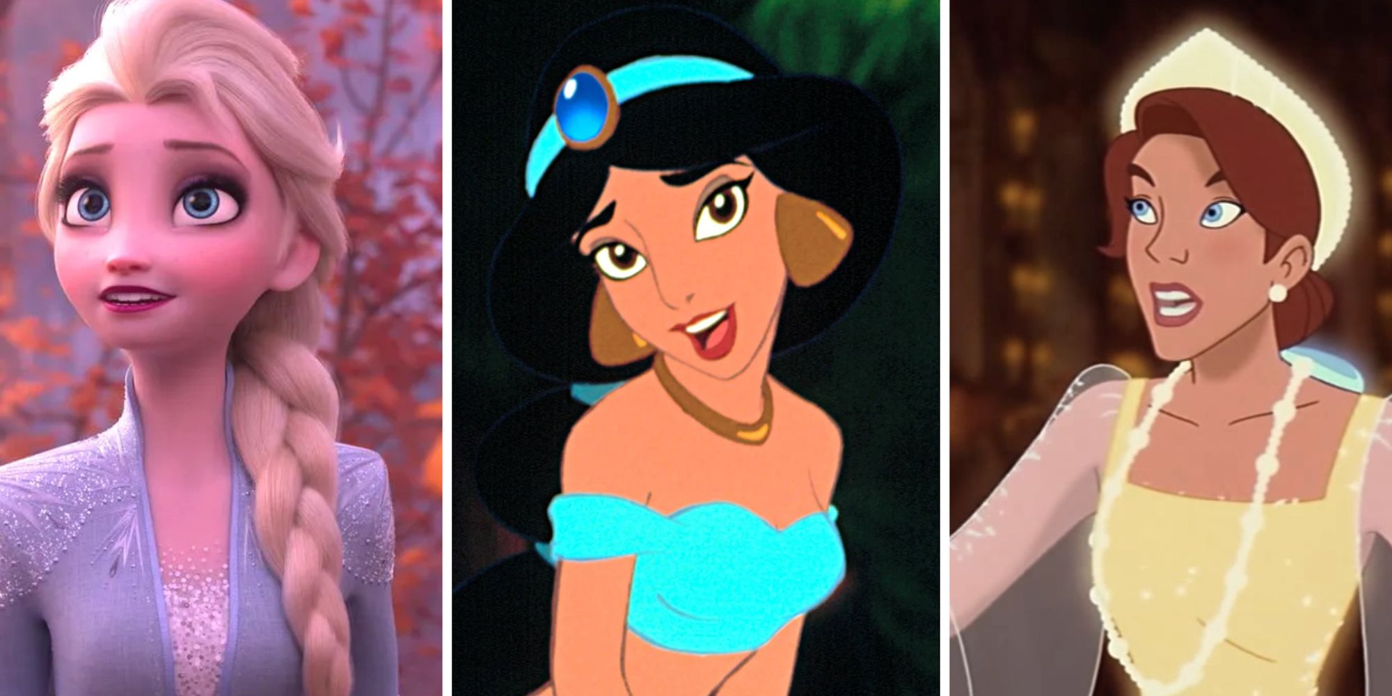 From left to right, Elsa from the movie Frozen II, Jasmine from the movie Aladdin, and Anastasia from the movie Anastasia