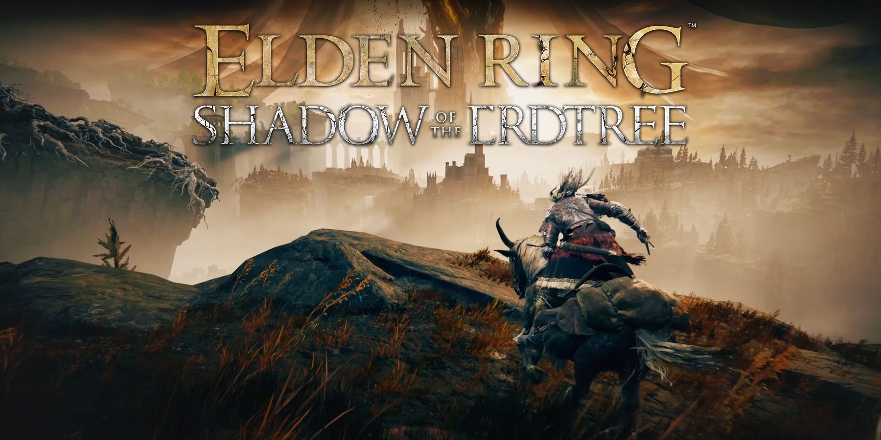 Elden Ring Shadow of the Erdtree February 21 2024 trailer horse rider below game logo