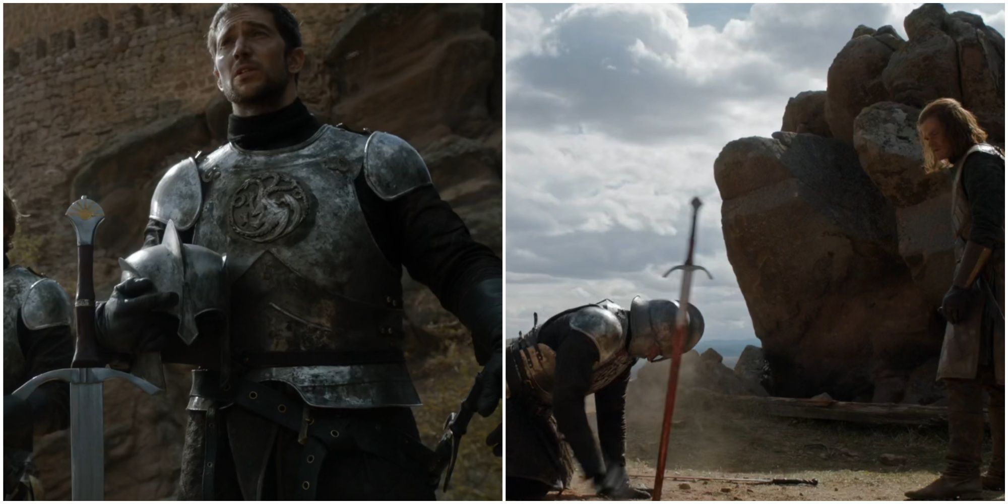 Split image of Dawn Sword of the Morning Ser Arthur Dayne and Ned Stark in Game of Thrones.