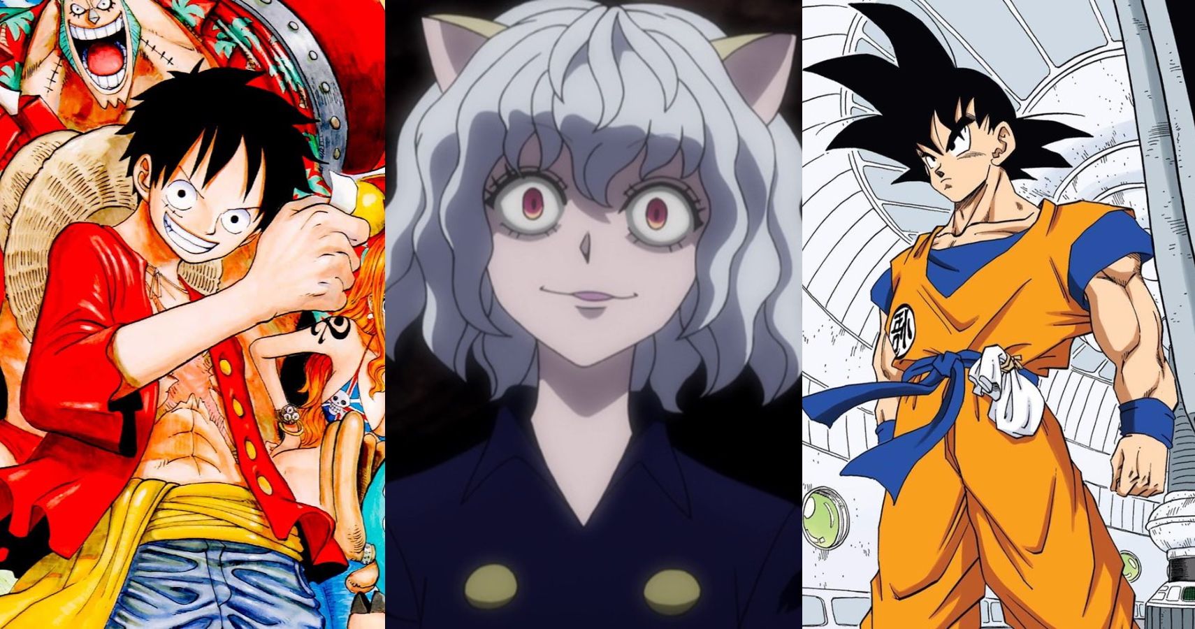 One Piece Luffy, Hunter x Hunter Pitou, and Dragon Ball Z Goku