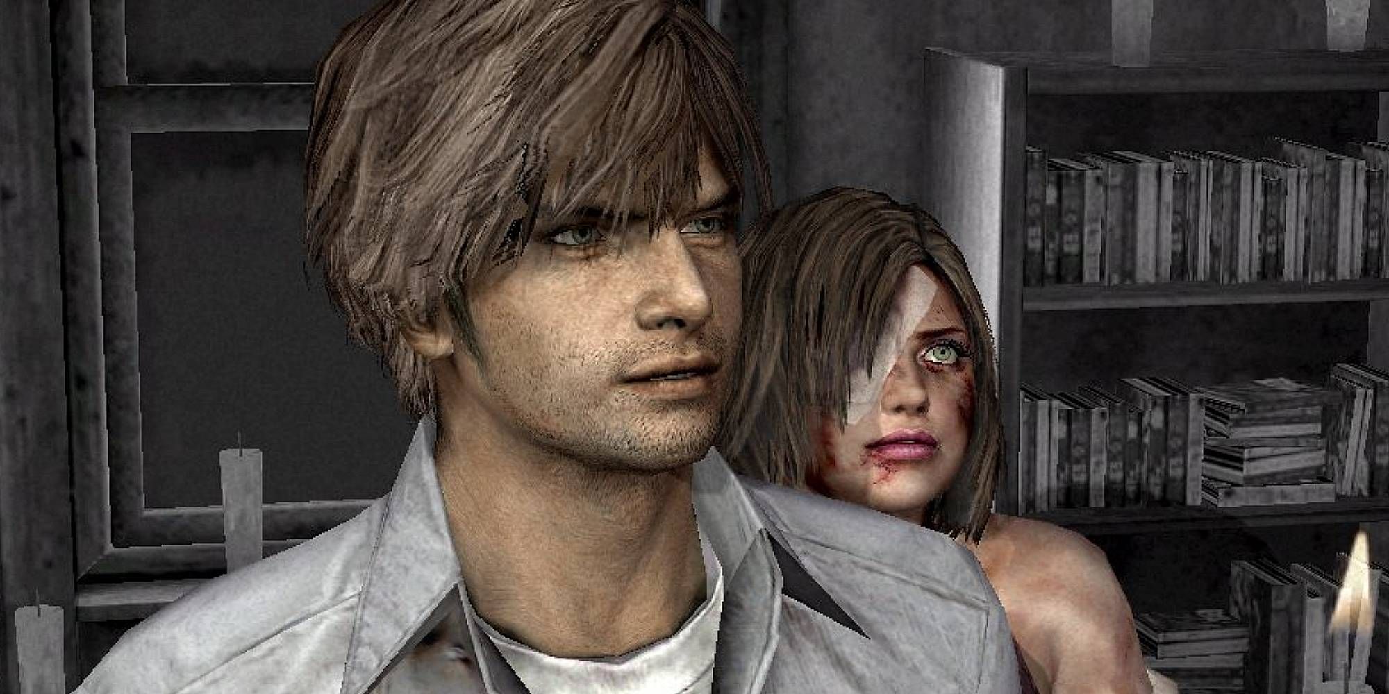 Henry stands in front of a wounded woman in a grey apartment in Silent Hill 4: The Room.