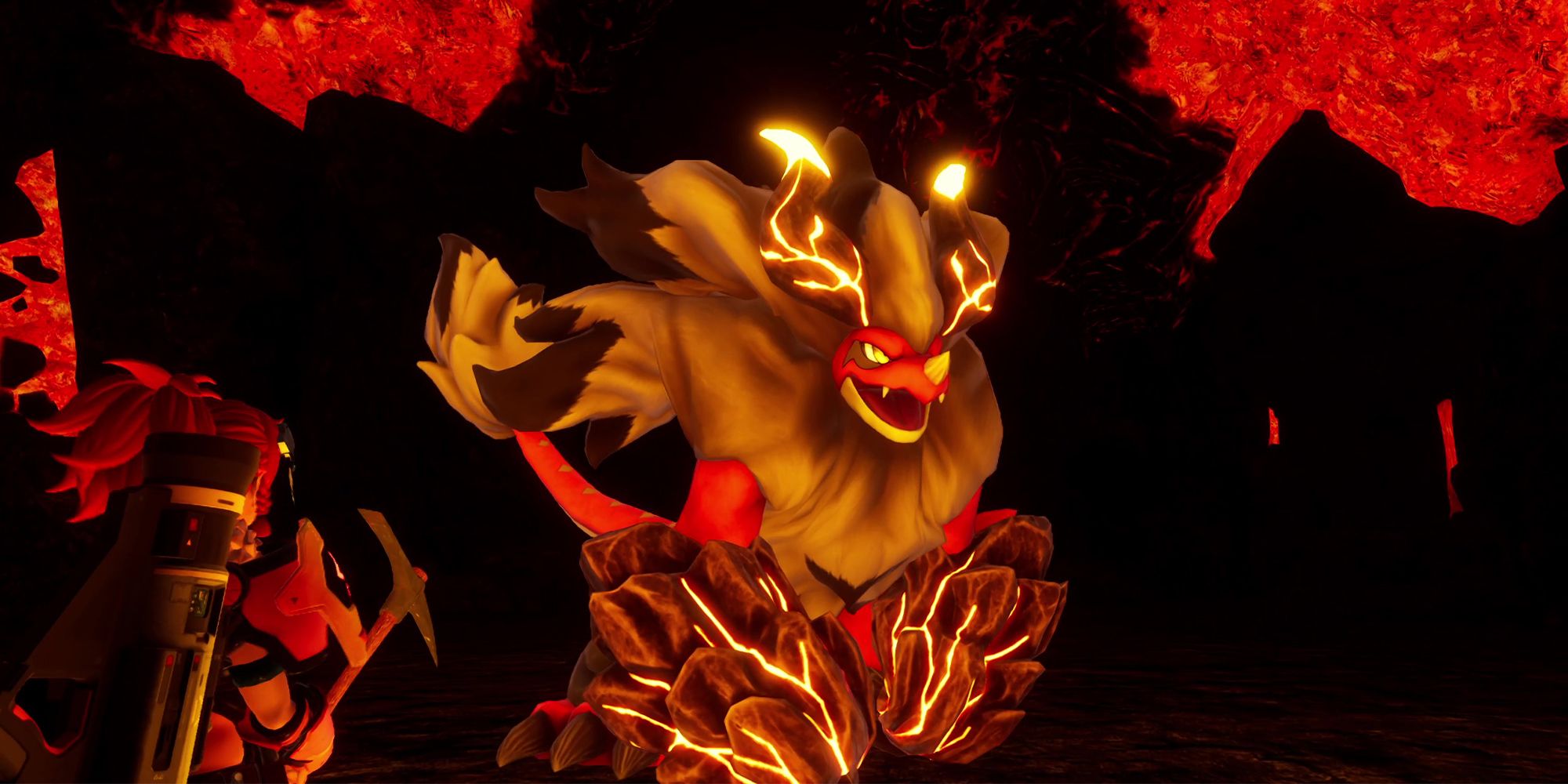 A picture of Palworld showing Alpha Boss Blazamut roaring at the player.