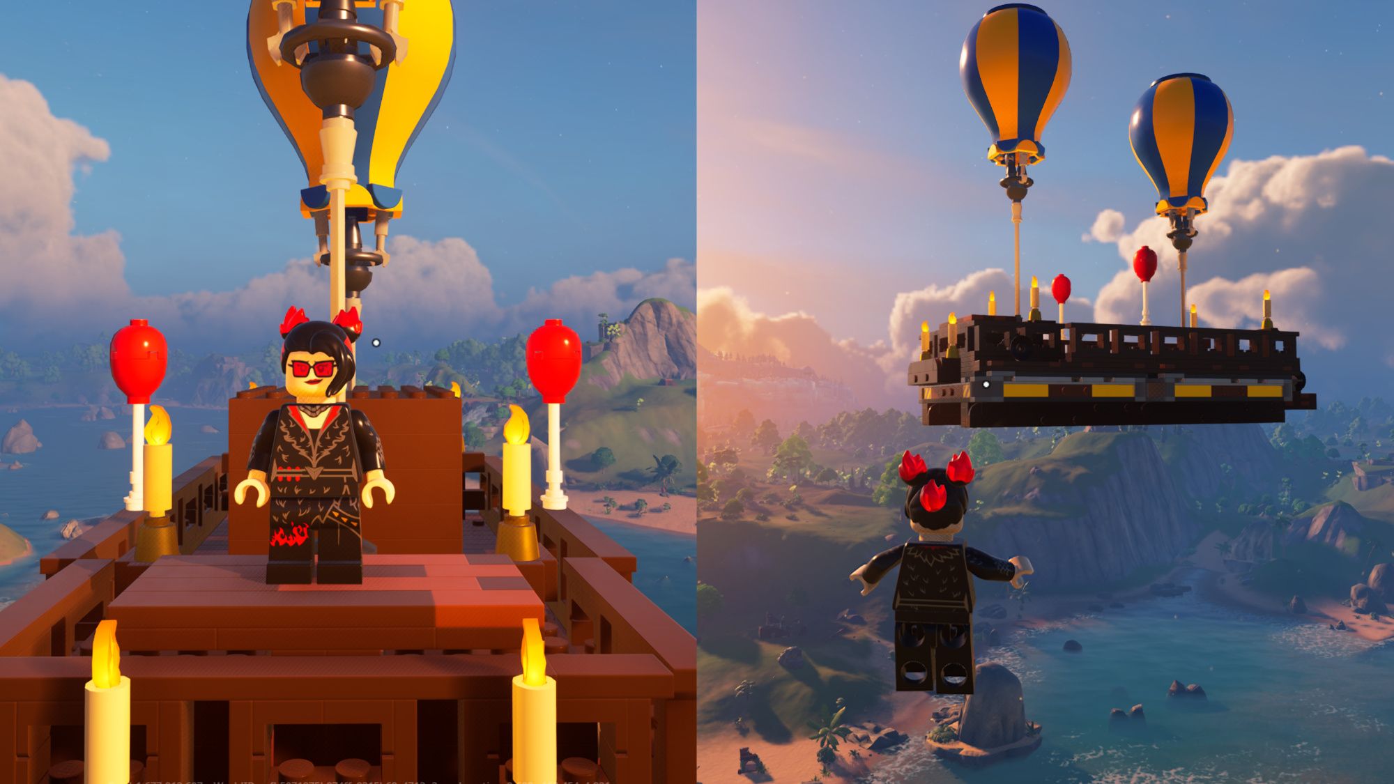 A split image from Lego Fortnite showcasing different angles an Aircraft, which you can build and control. 