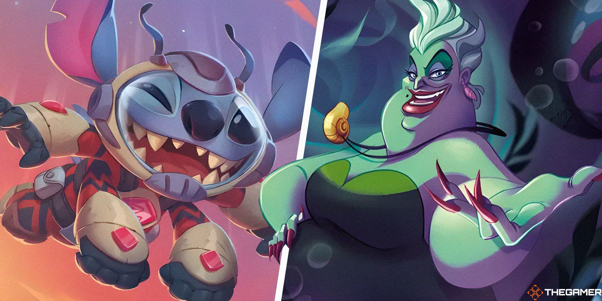 Lorcana Into the Inklands: Stitch and Ursula side by side.