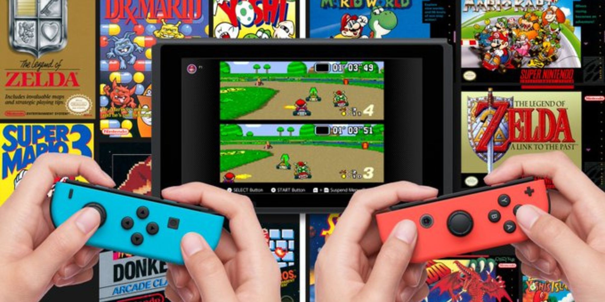 Two hands hold Joy-Cons while playing Super Mario Kart on Nintendo Switch Online.