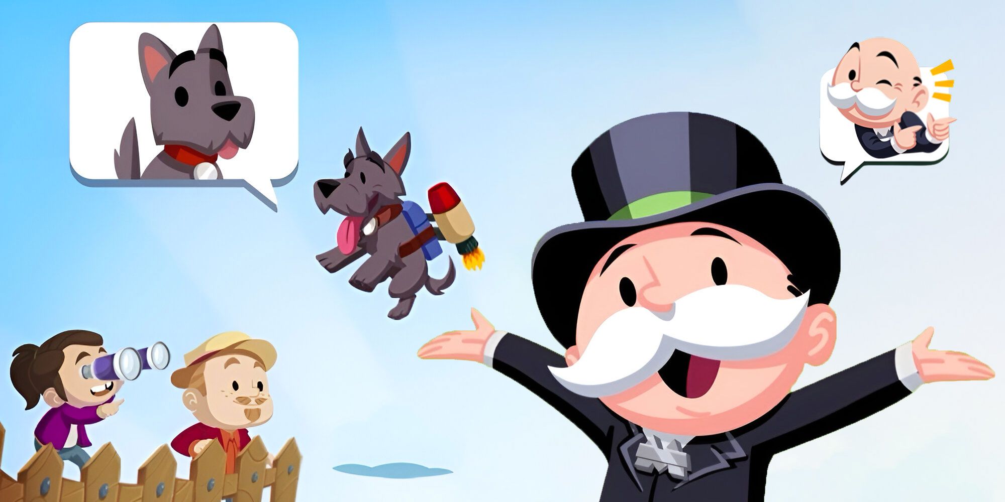 Mr Monopoly raising arms up while dog is using a jetpack and other characters are watching from afar, in Monopoly Go