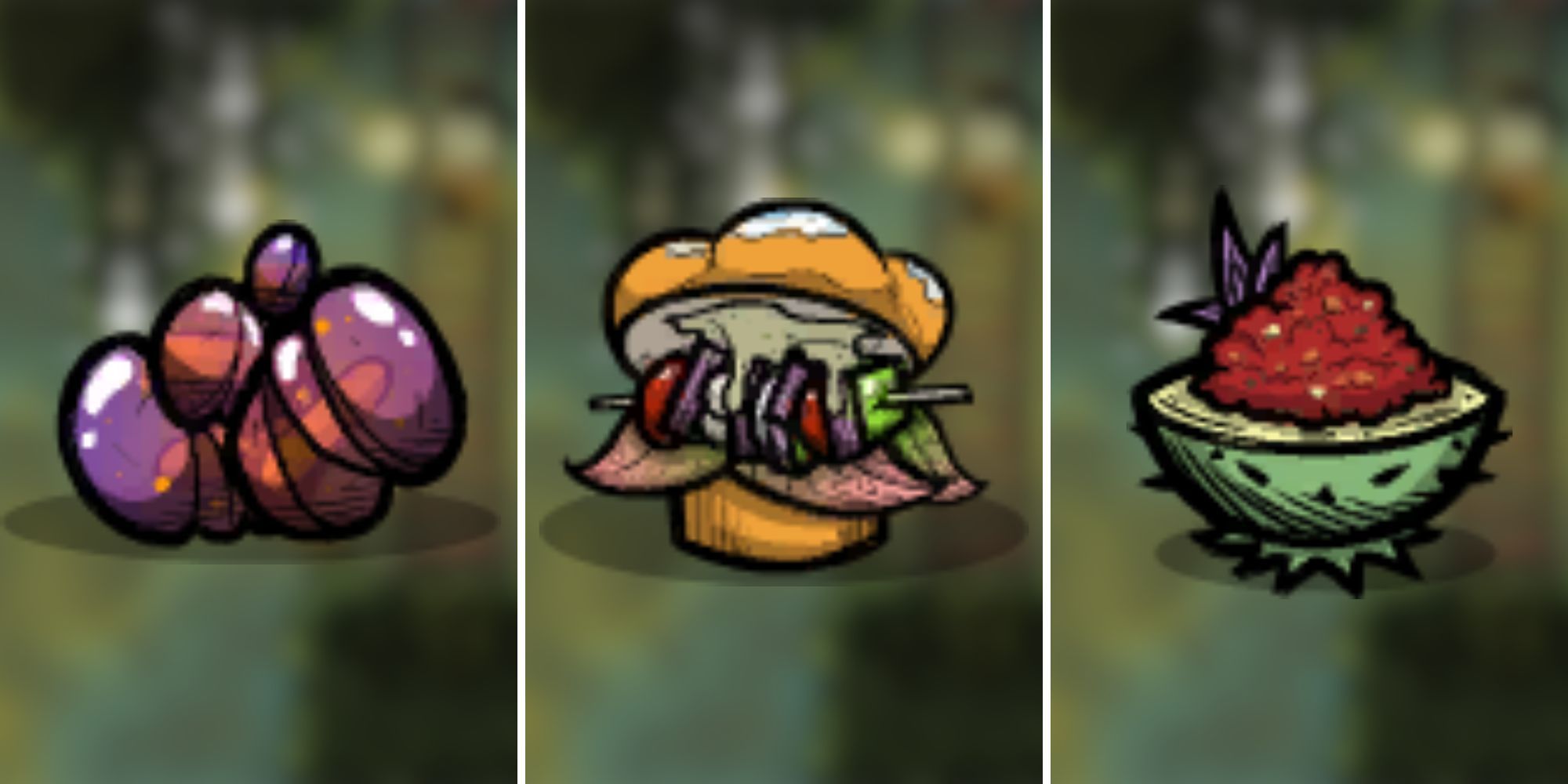 A grid of three different food sources in Oxygen Not Included