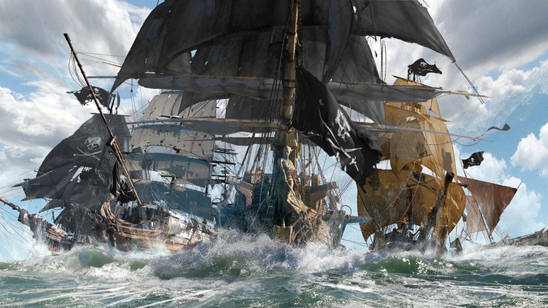 Ships sail toward us in Skull and Bones as waves part and spray, each ship looking raggedy in a pirate sort of way