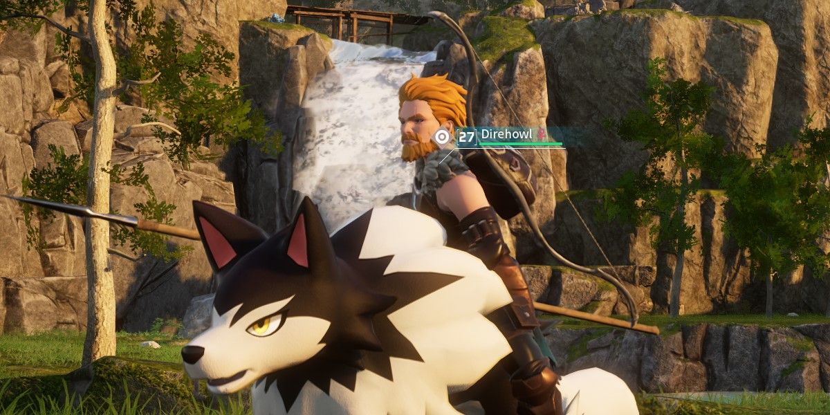 Palworld: player with spear on top of a Direhowl, in front of a waterfall
