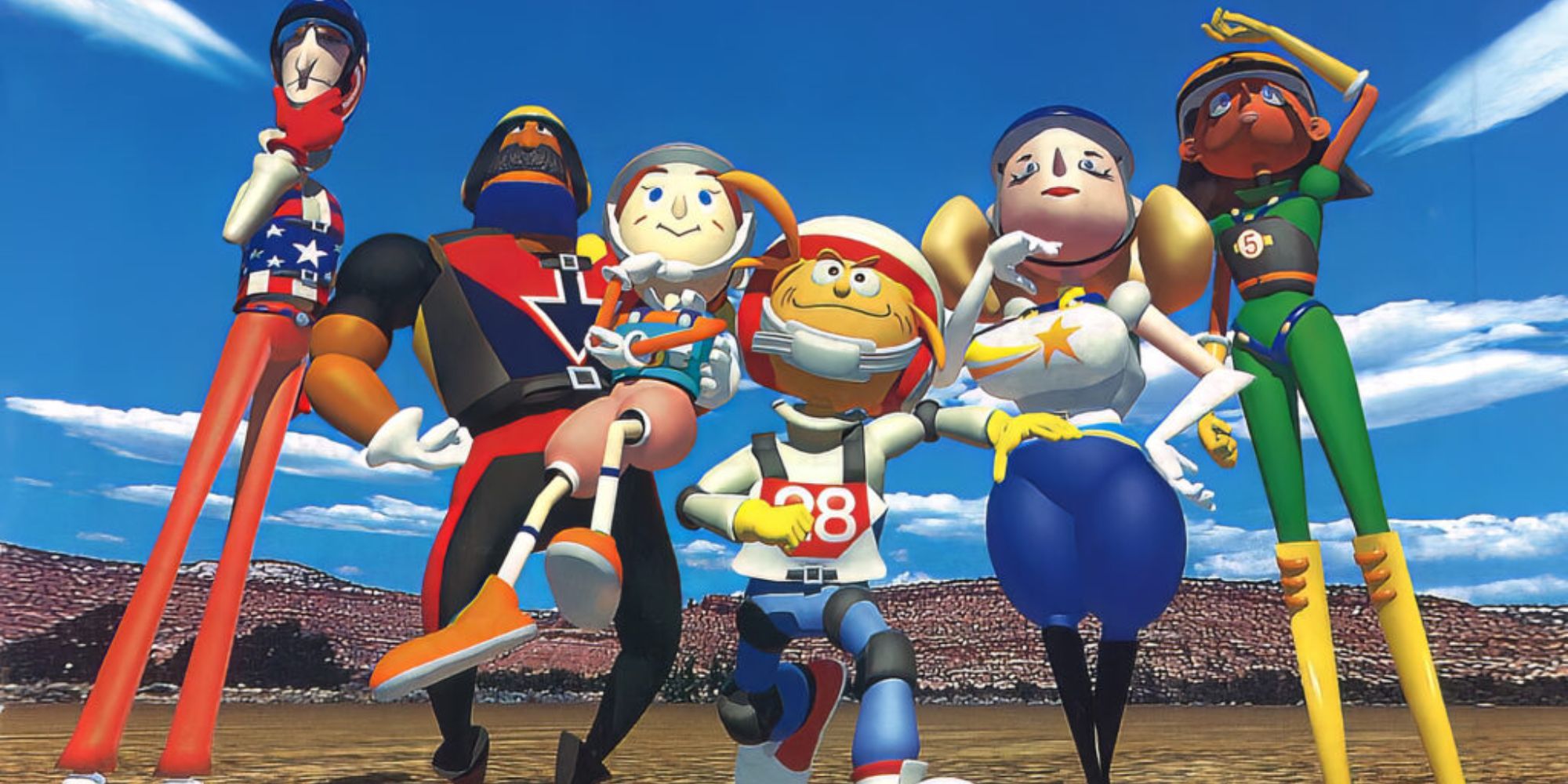 The crew from Pilotwings stands together under a blue sky.