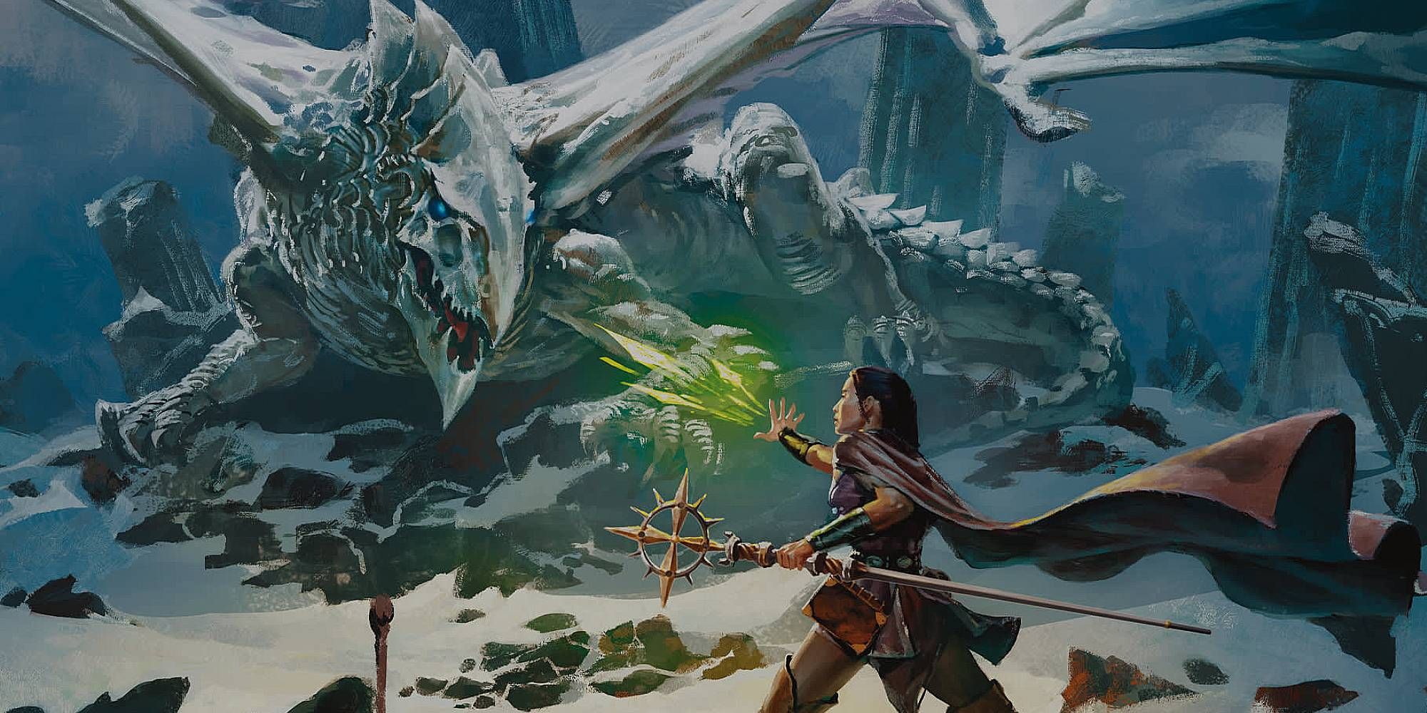 A spellcaster faces against an ice dragon in Dungeons & Dragons.