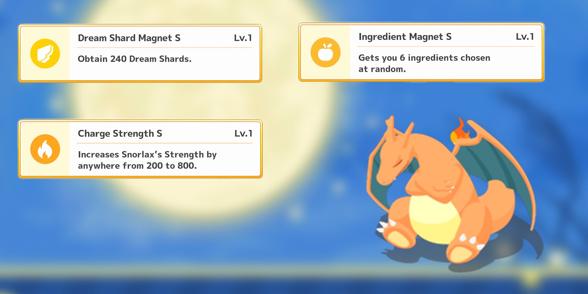 Pokemon Sleep Main Skills Dream Shard Magnet, Charge Strength, And Ingredient Magnet are shown with a sleeping Charizard