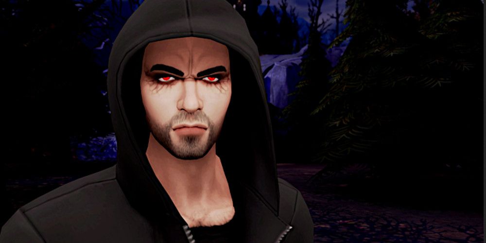 A vampire Sim stares on with their scarlet eyes while wearing a hoodie.