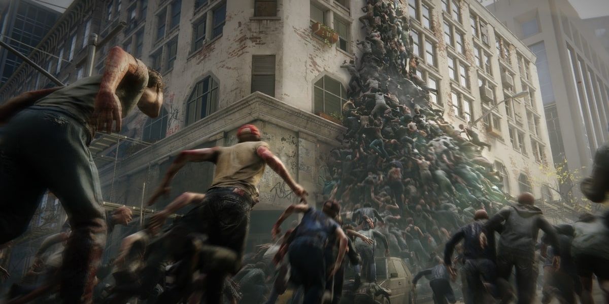 World War Z screenshot of zombies climbing up a building in waves.