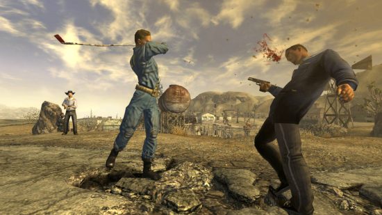 Best Fallout New Vegas mods: one guy slugging another guy with a gun in a face with a bat in the desert. A third man is holding a shotgun.