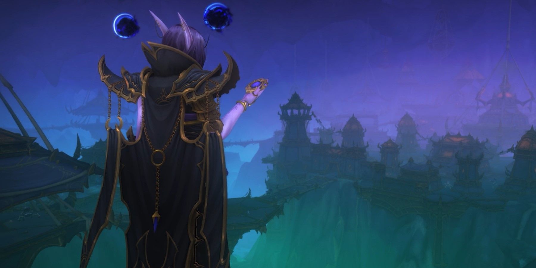 xal'atath the harbinger looking at the disc artifact over a nerubian city in the background