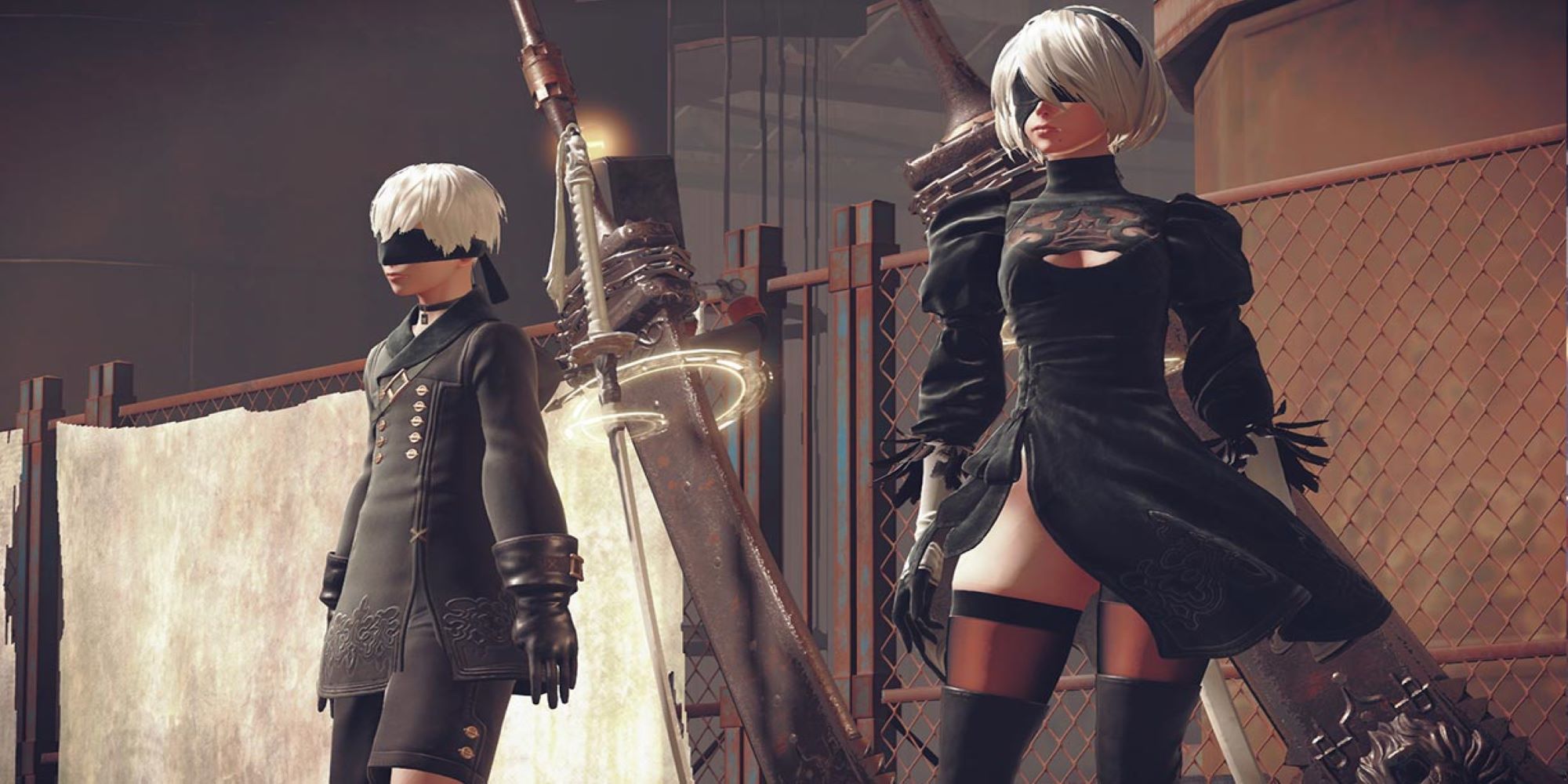 Nier Automata screenshot of 2B and 9S standing next to each other and looking into the distance.