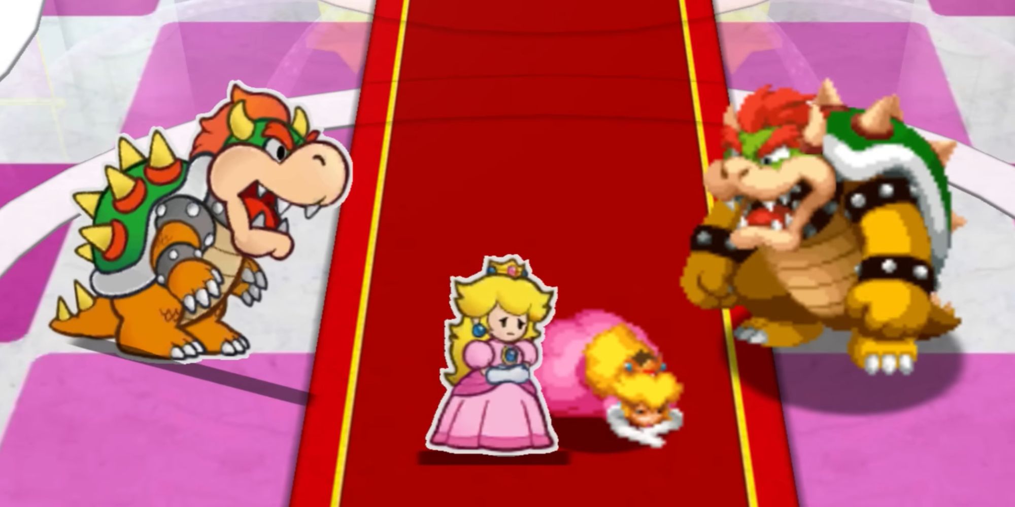 Bowser and Paper Bowser looking at Peach and Paper Peach from Mario & Luigi: Paper Jam.