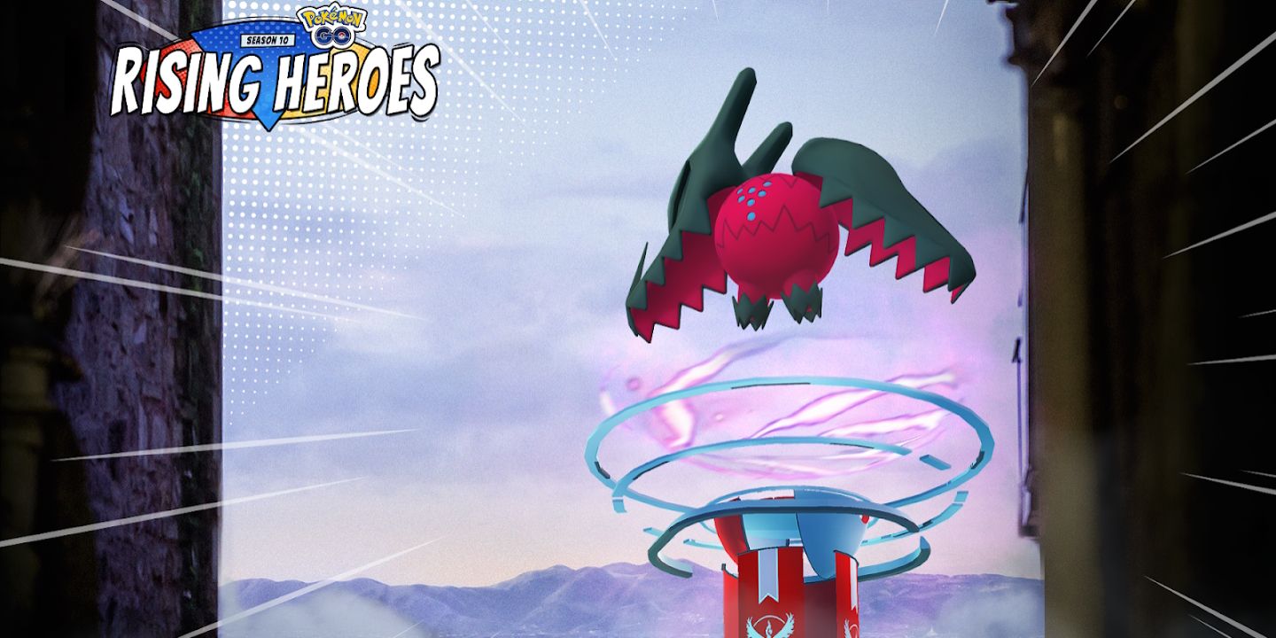 Image of Regidrago on top of a Pokemon Go Raid, with the Pokemon Go Rising Heroes logo in the corner.