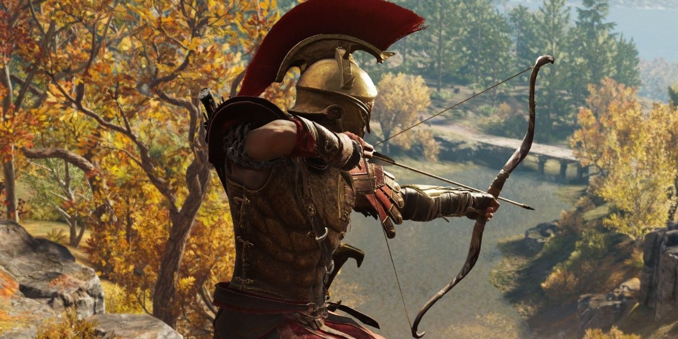 Assassin Creed Odyssey aiming bow down.