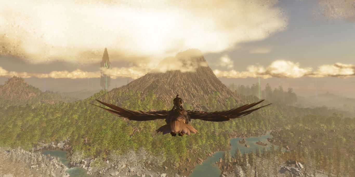 Ark Survival Ascended flying on Argentavis through the island.