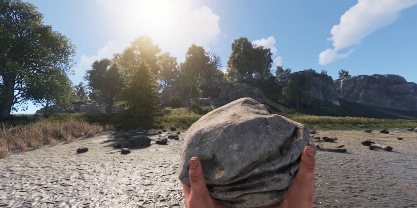 Rust player with a rock looking at scenery.