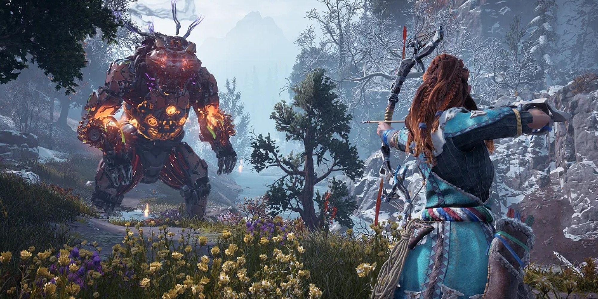 Horizon Zero aiming bow at a giant enemy.