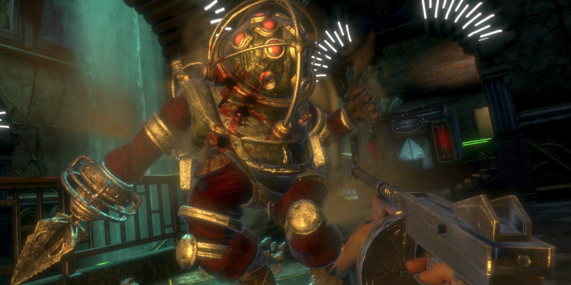 A Big Daddy attacking in BioShock