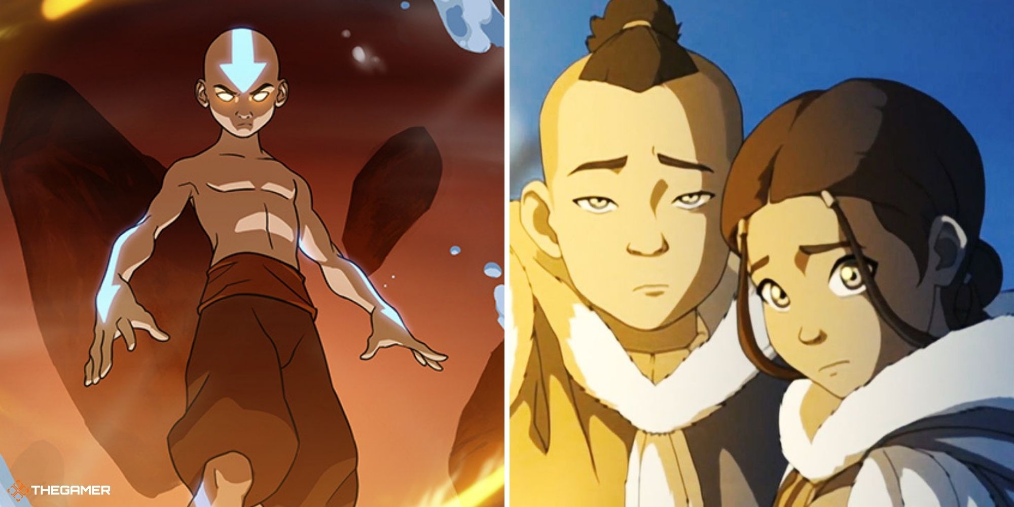 Avatar the last airbender - Aang in the Avatar state (left), Sokka and Katara on right