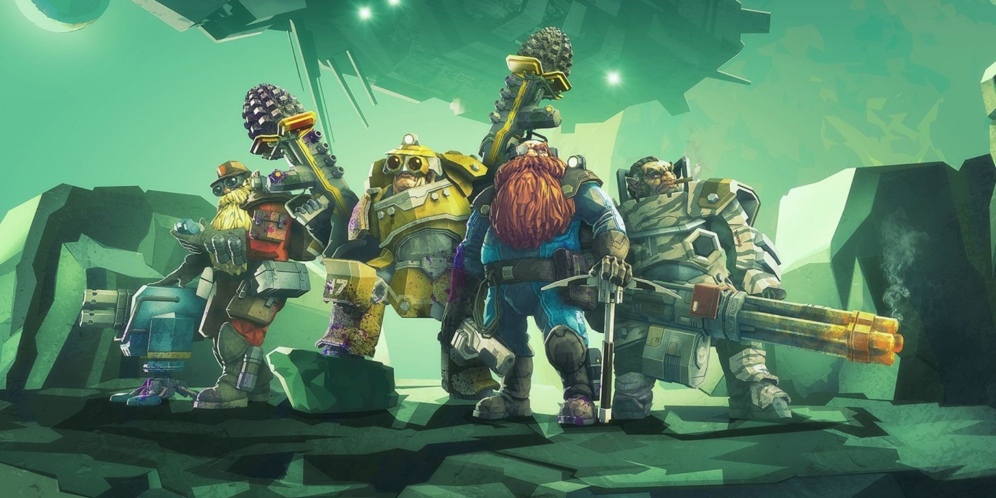 Dwarven miners posing with equipment in Deep Rock Galactic.