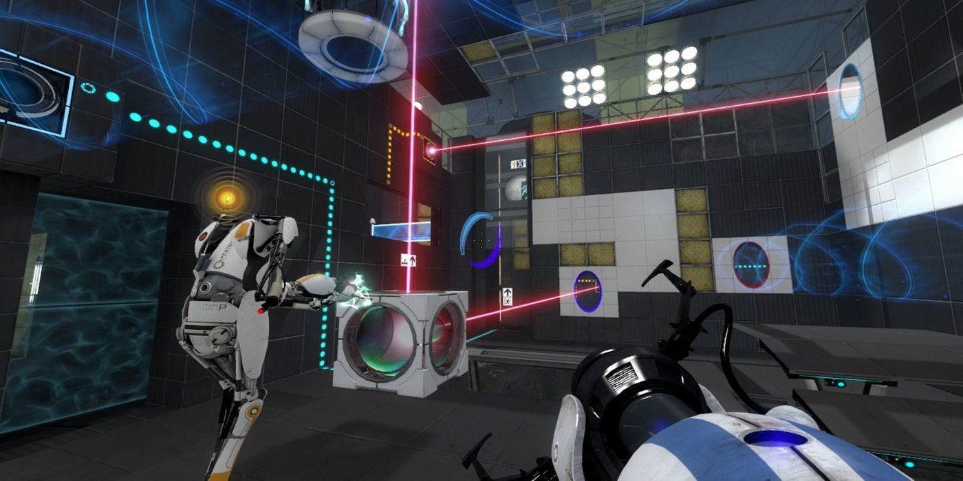 Portal 2 co-op in a puzzle with lasers shooting into cubes.