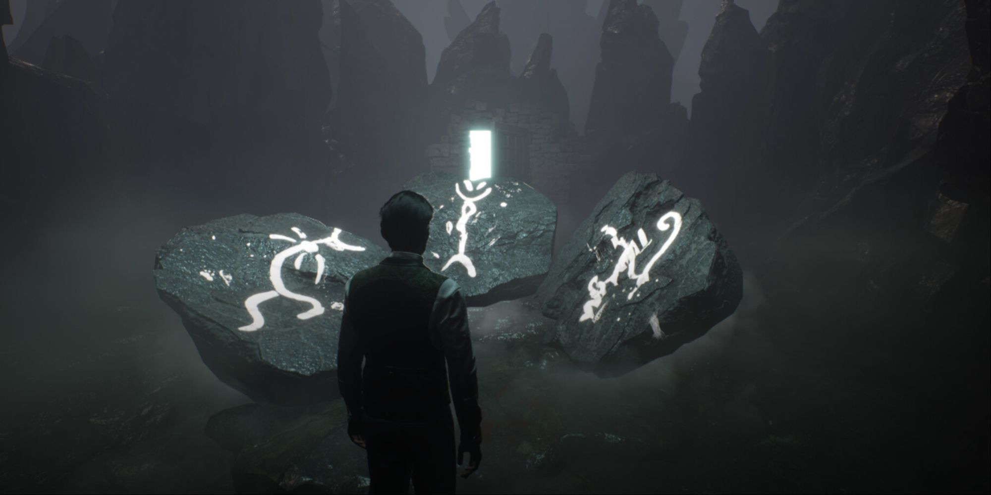 Holmes standing in front of glowing Lovecraftian stones in a rocky otherworldly realm.