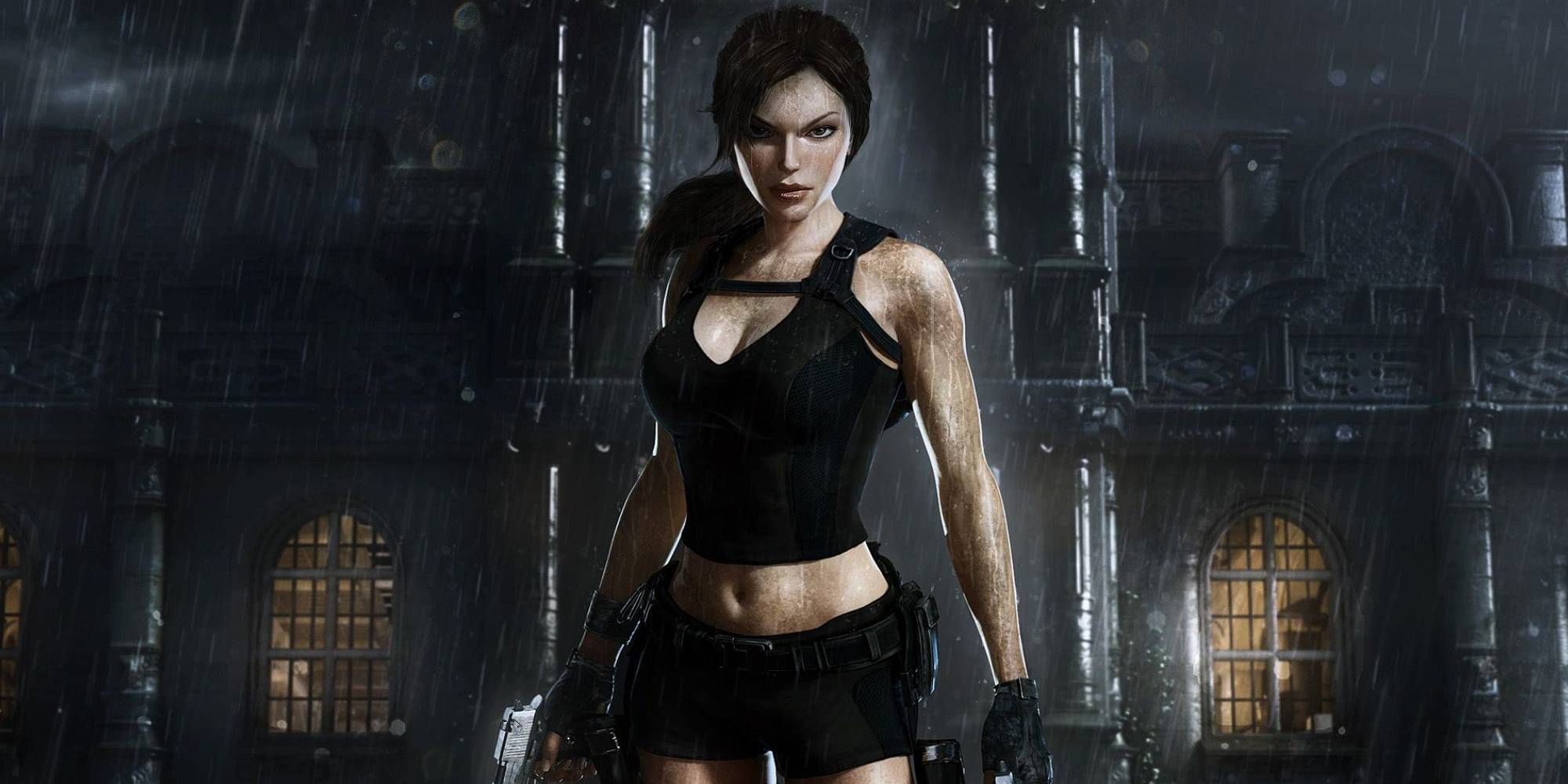 Lara Croft standing on a rainy night in front of her manor in Tomb Raider Underworld promo art.