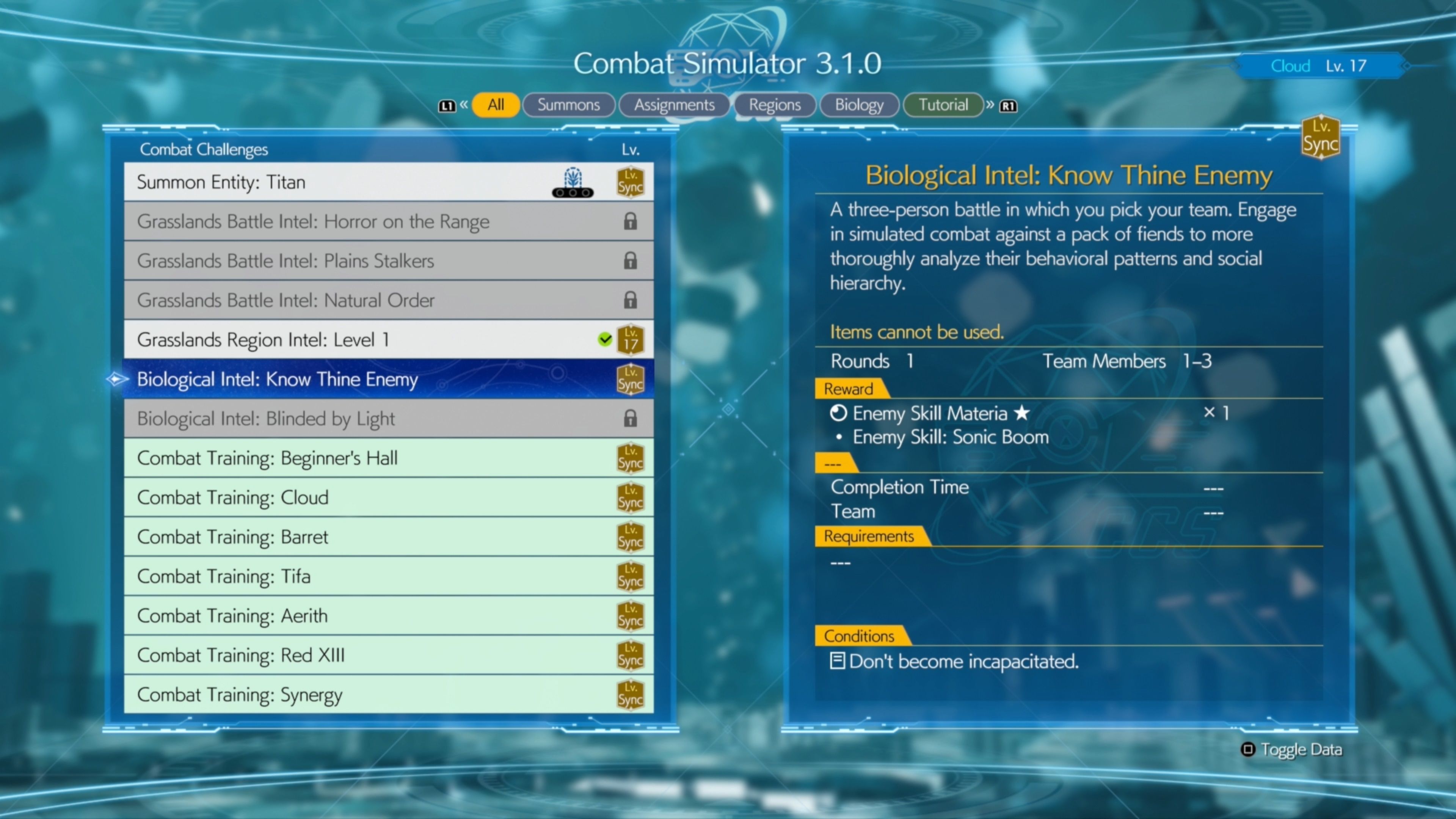 An image showcasing the first Biological Intel challenge, Know Thine Enemy, which unlocks the Enemy Skill Materia in Final Fantasy 7 Rebirth.