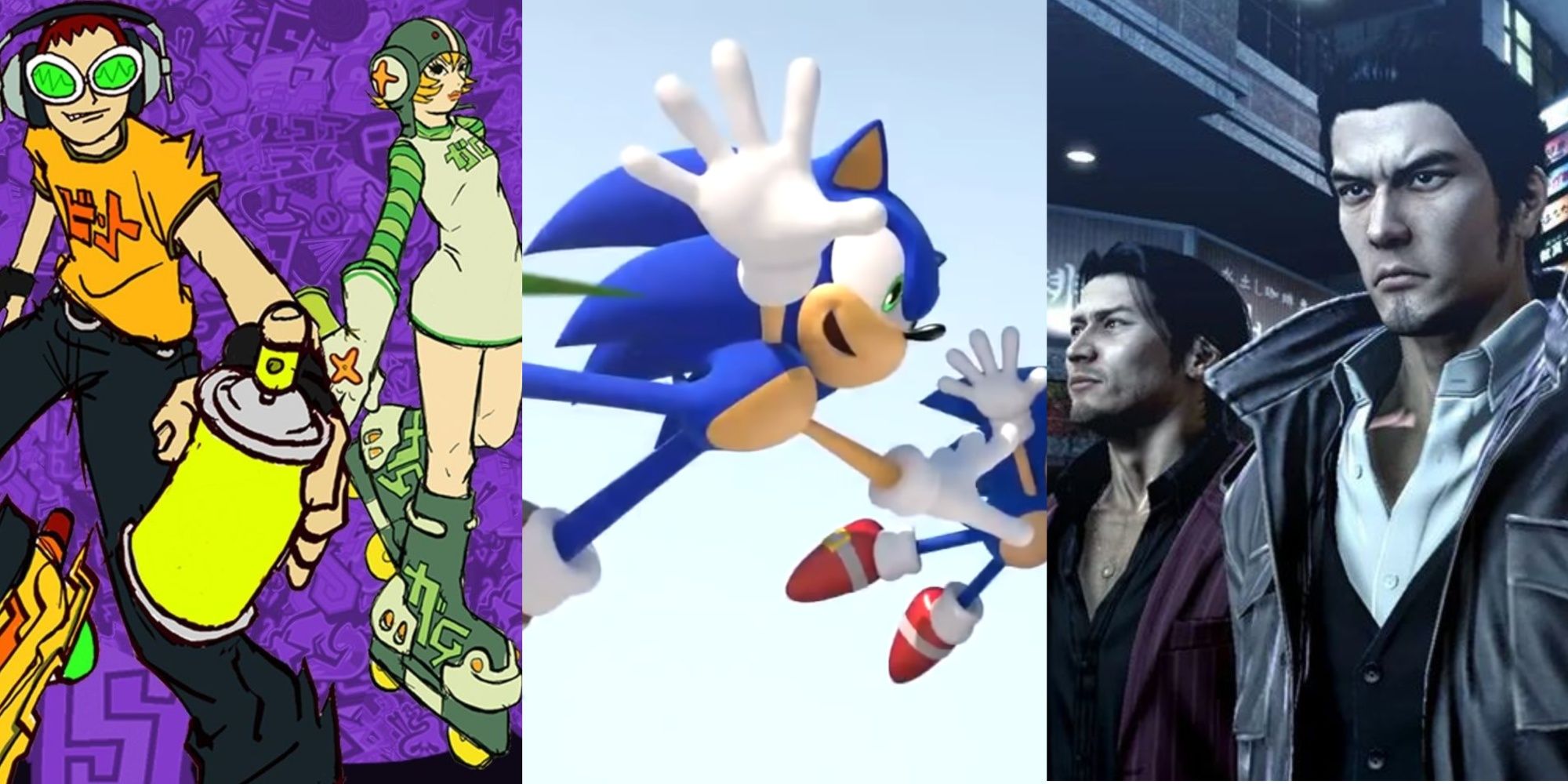 Jet Set Radio box art, Sonic from Sonic Generations, and Kiryu and Akiyama from Yakuza 5.