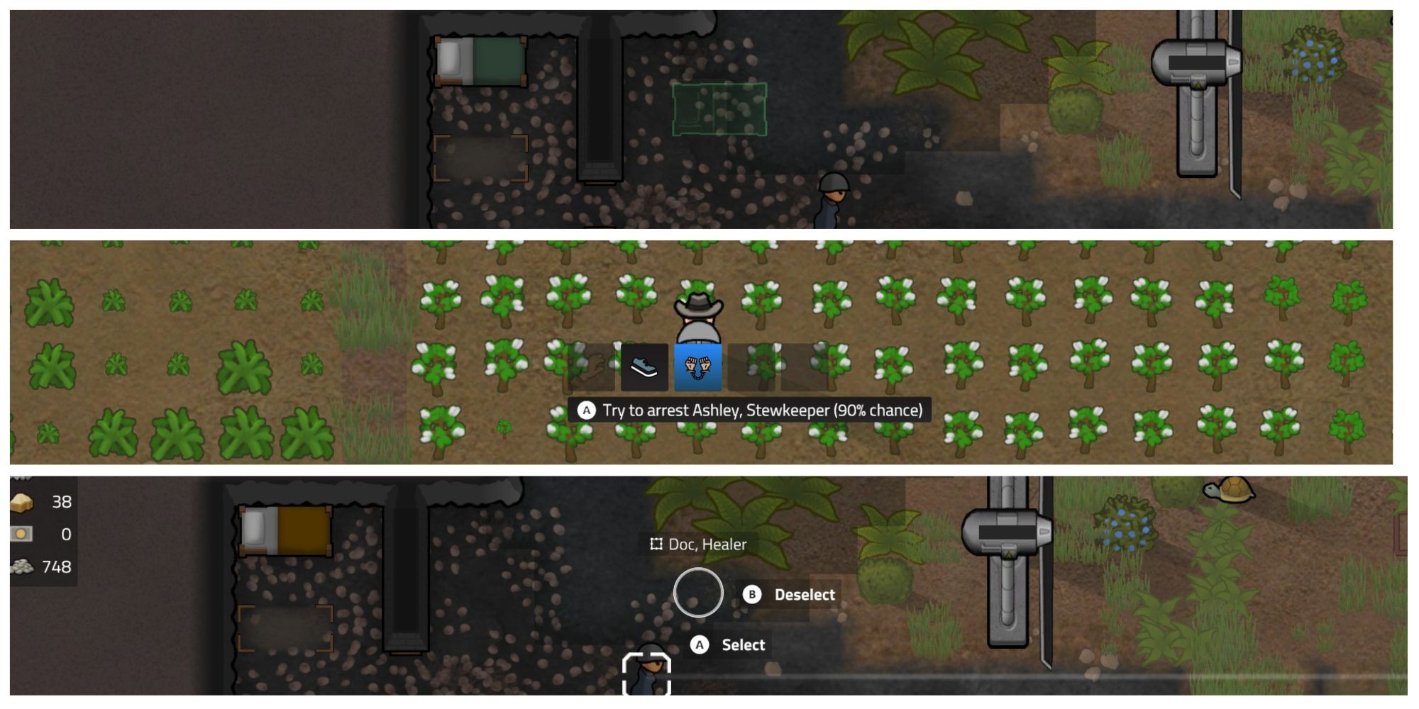 Collage of 3 images from Rimworld showing construction of a prison 