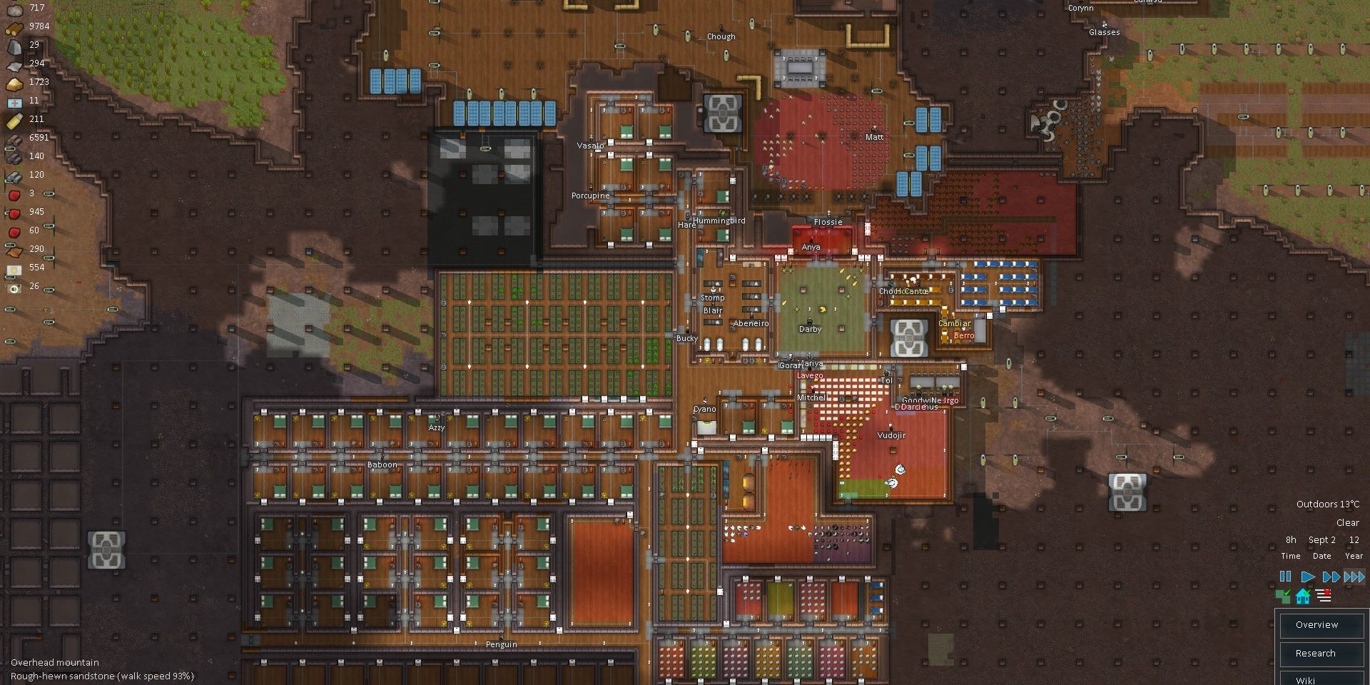 Large base with bedrooms and resources in Rimworld