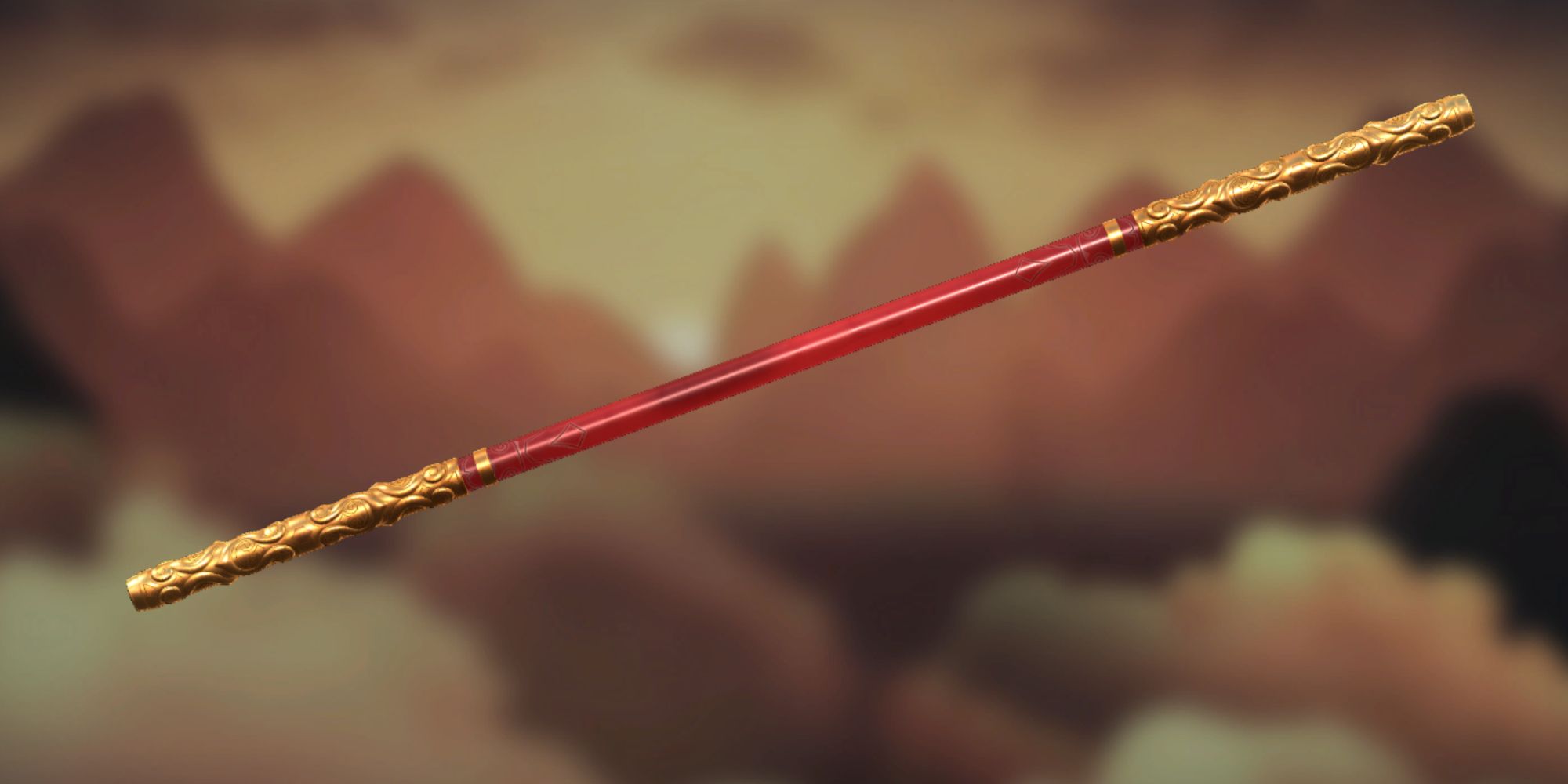 An image from Valorant of the Ruyi Staff Knife skin, which is a large red and golden staff.