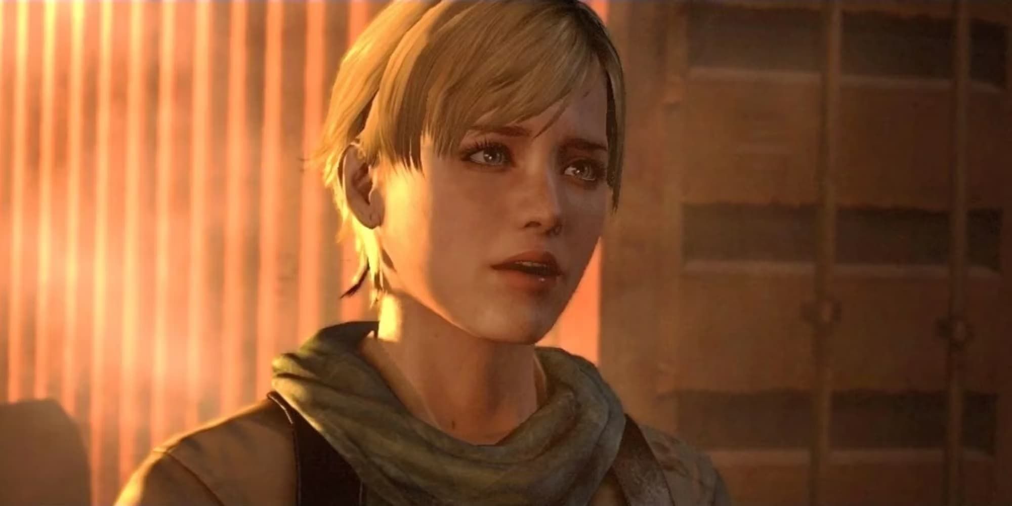 Sherry Birkin talks with a distressed expression in Resident Evil 6.