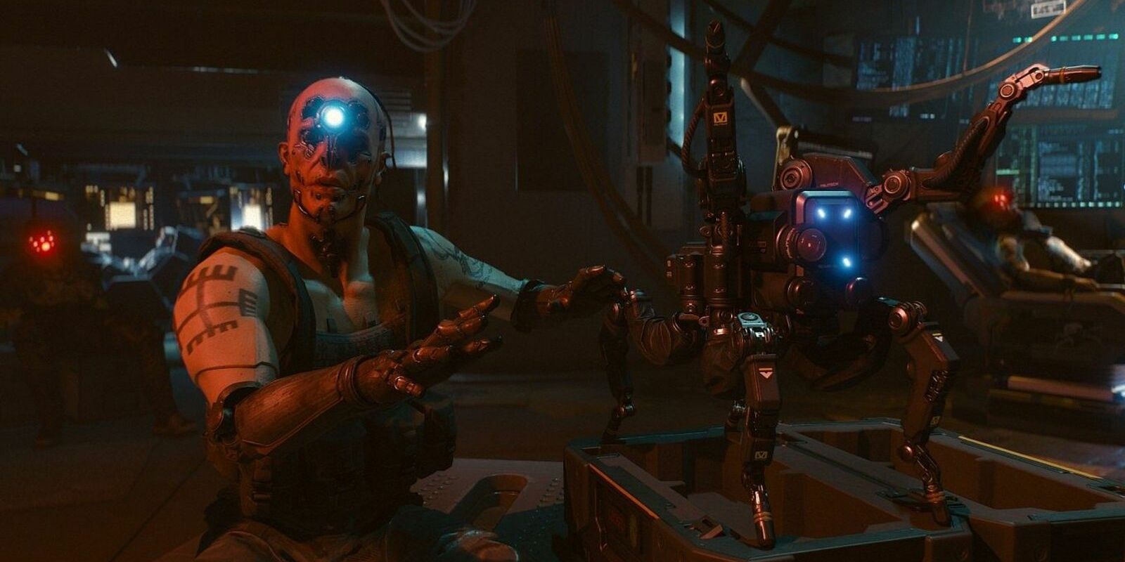 cyberpunk 2077 a character showing off a robot 