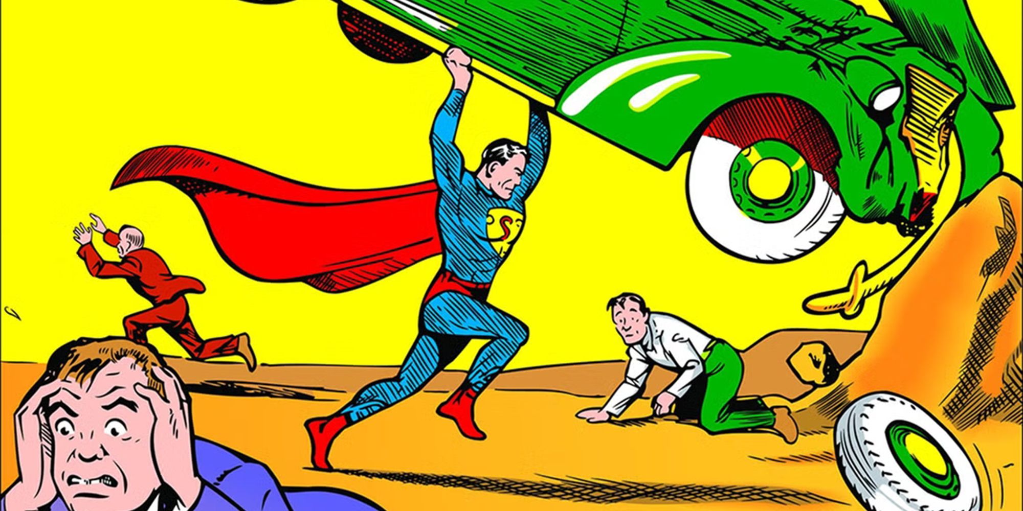 Superman lifting a green car in Action Comics #1