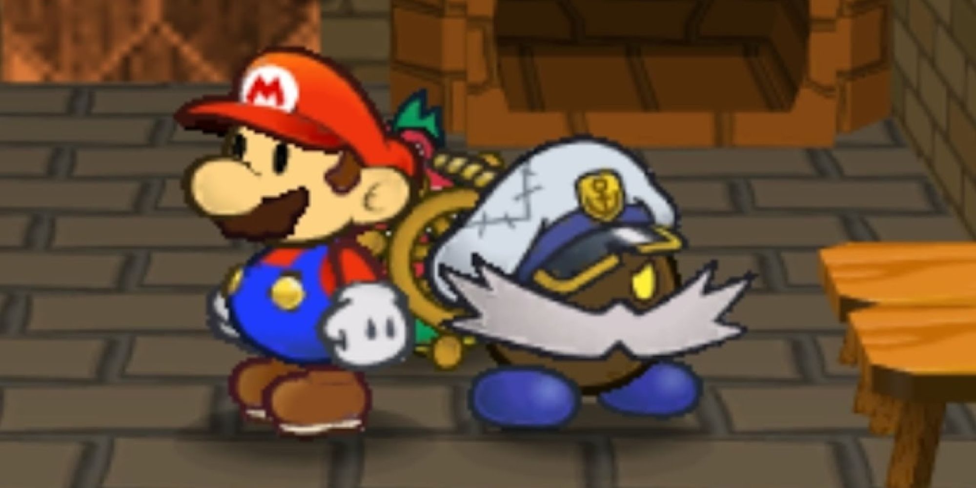 Mario standing next to Admiral Bobbery in Paper Mario The Thousand Year Door