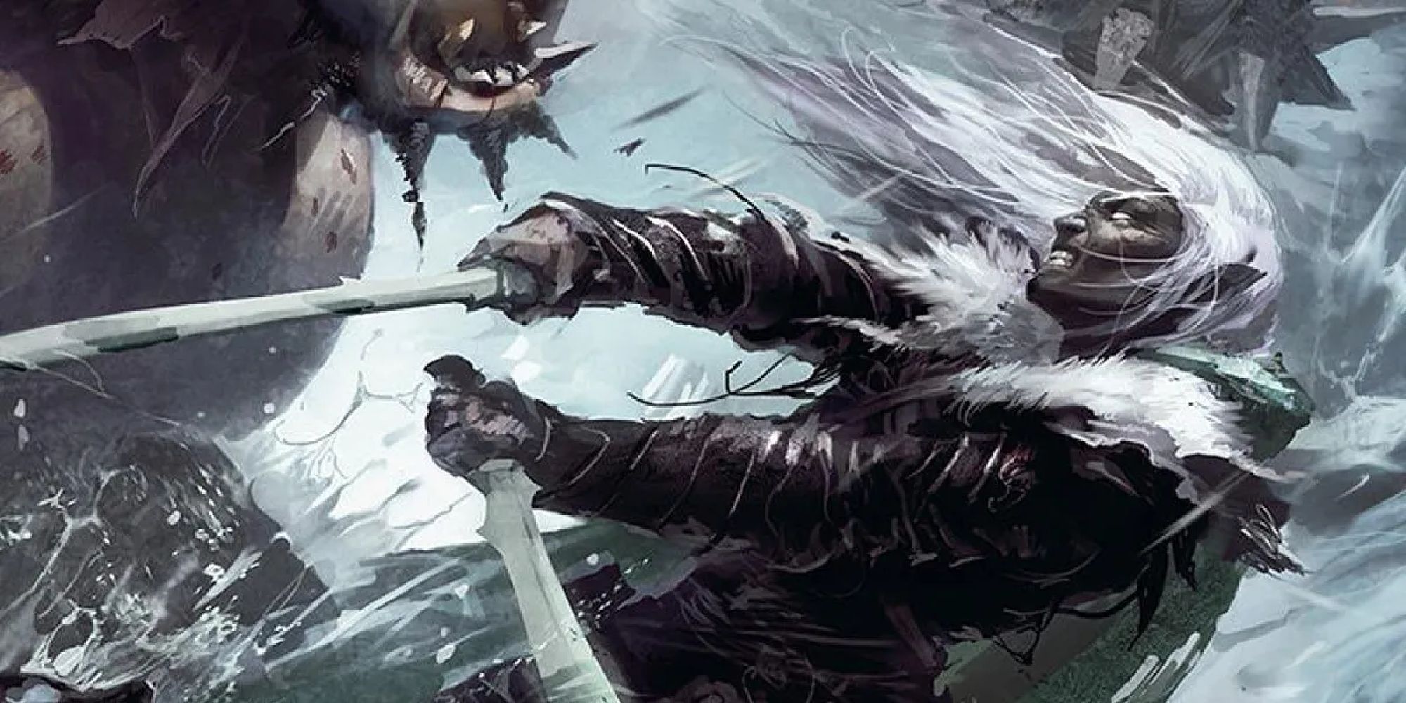 Drizzt Do'Urden in Dungeons and Dragons dual-wielding scimitars against a monster in a snow-swept region. 