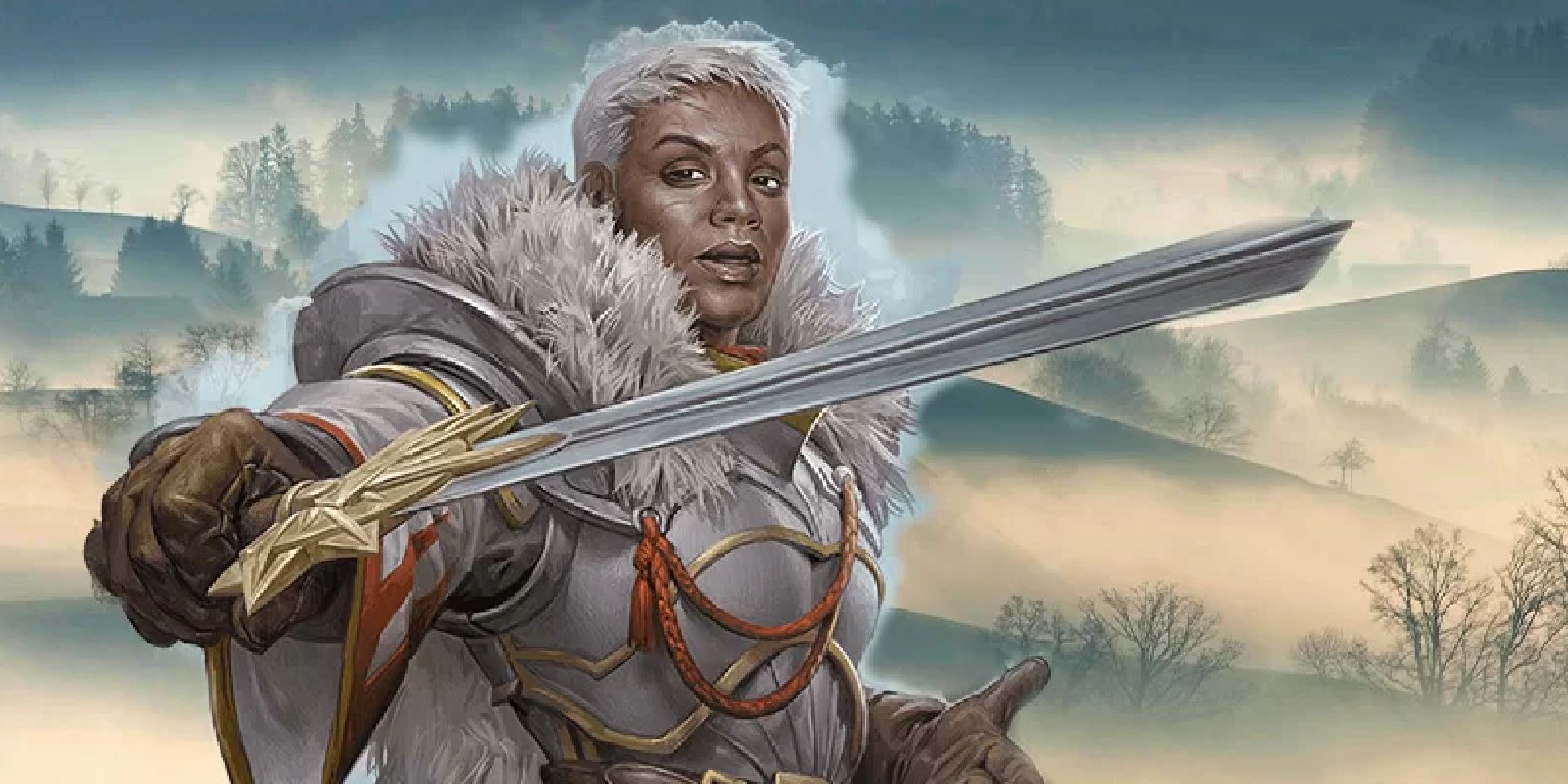 An armoured woman wrapped up against the weather of the tundra brandishes her sword in a challenging manner in Dungeons and Dragons