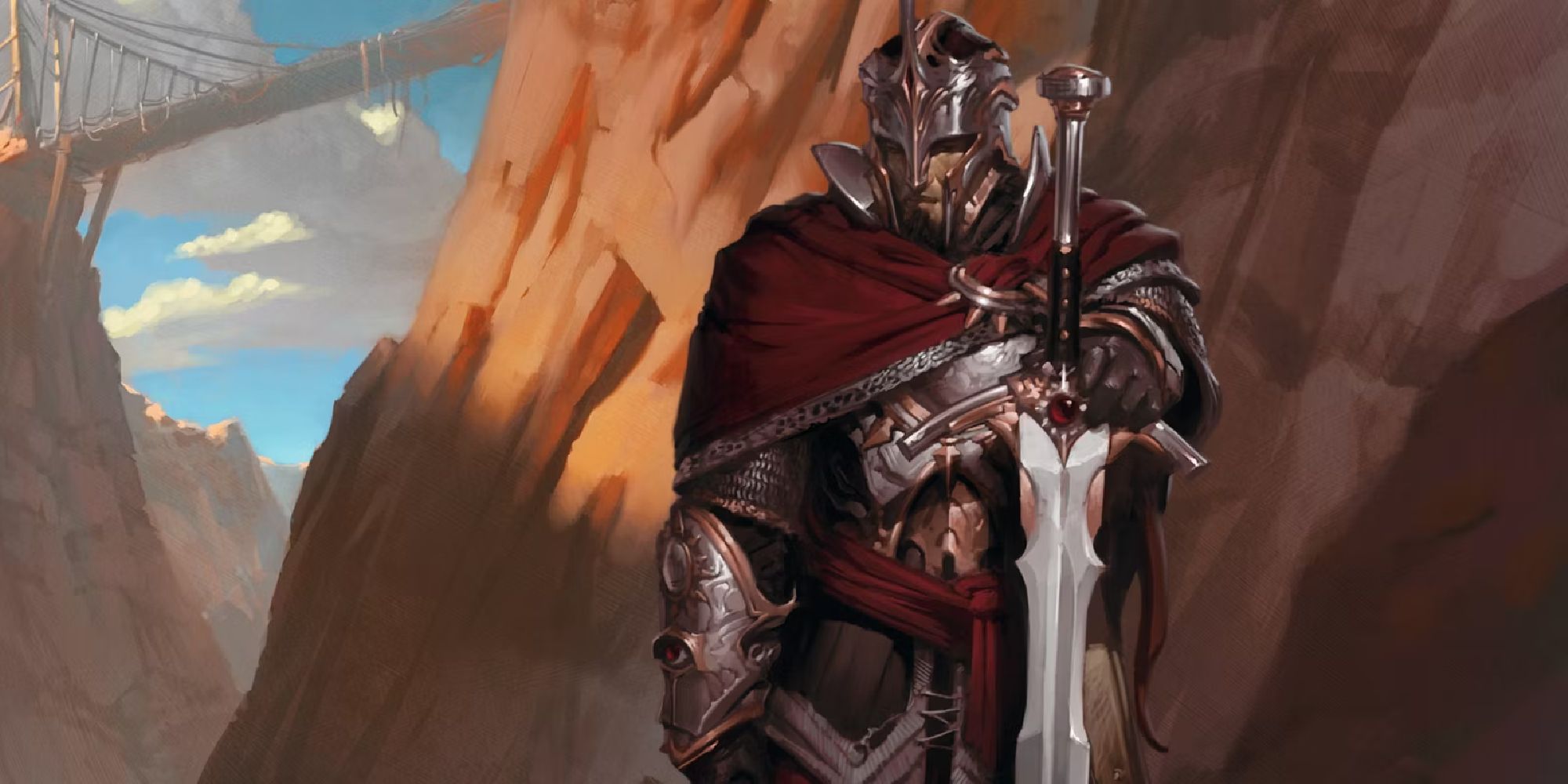 An armoured man holds his sword, the point directed to the ground in Dungeons and Dragons