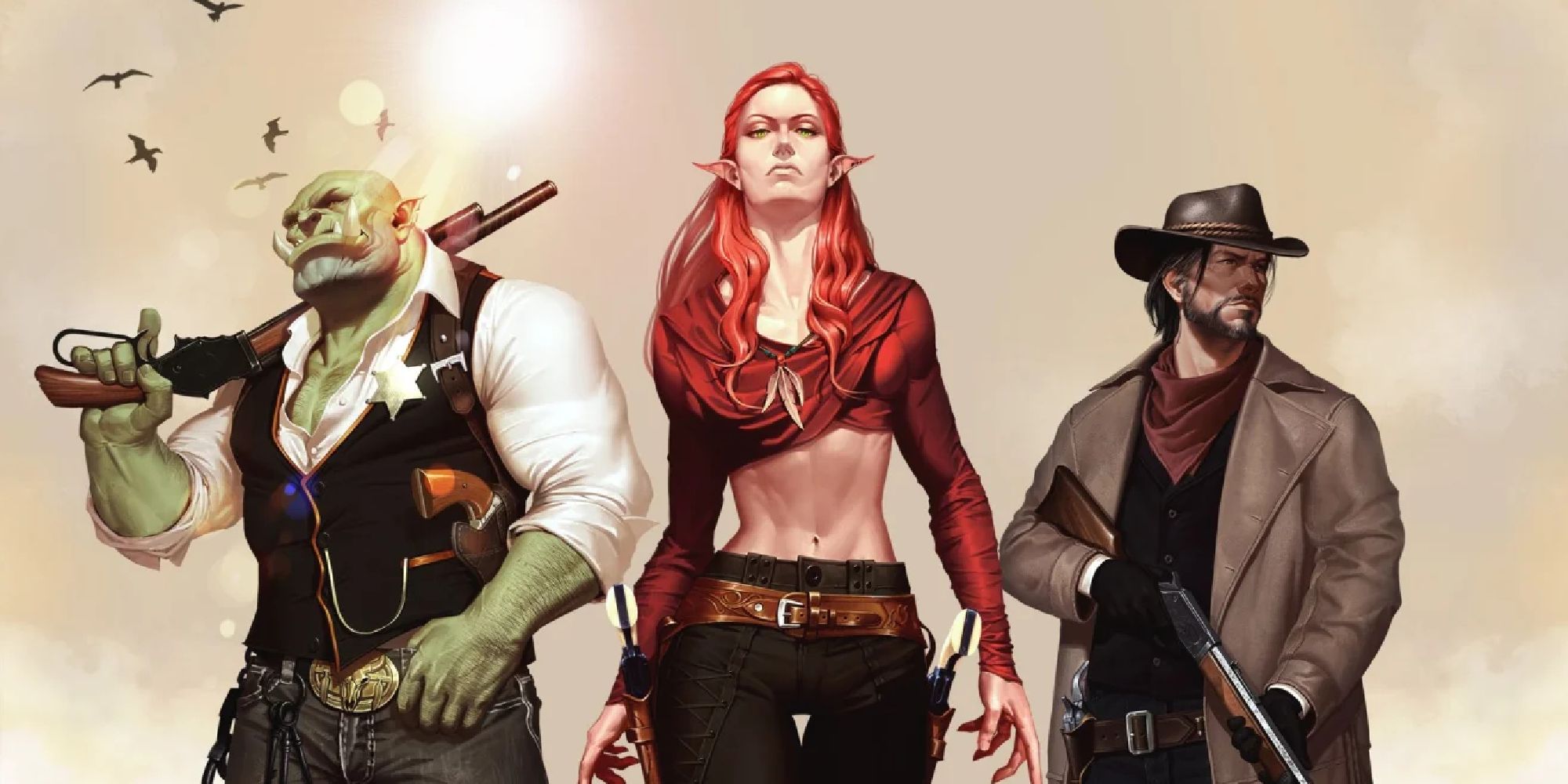 Three gunslingers walking towards the camera, each with a different gun holstered or in their hands in Dungeons and Dragons 