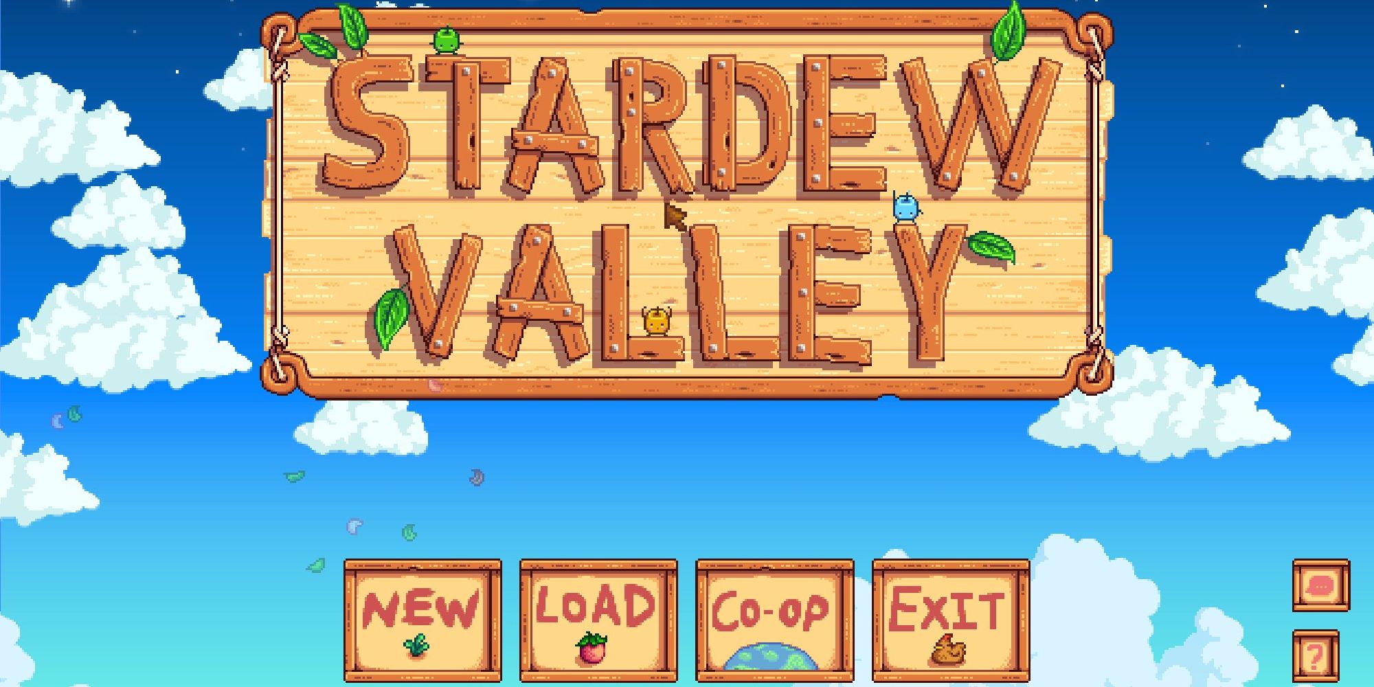 The title screen for Stardew Valley, showing gameplay options. 