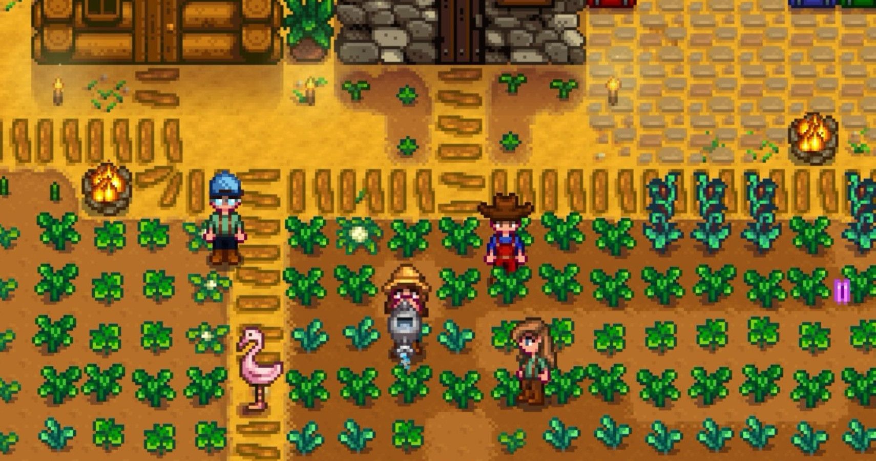 Multiplayer friends farming together in Stardew Valley. 