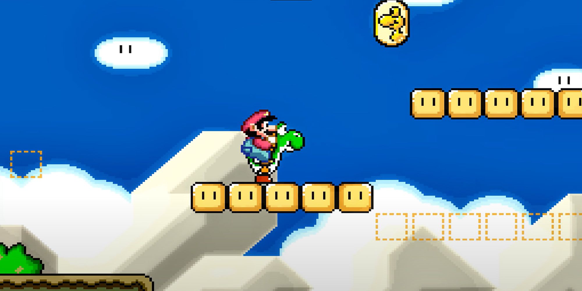 Mario and Yoshi standing on yellow blocks in Super Mario World.