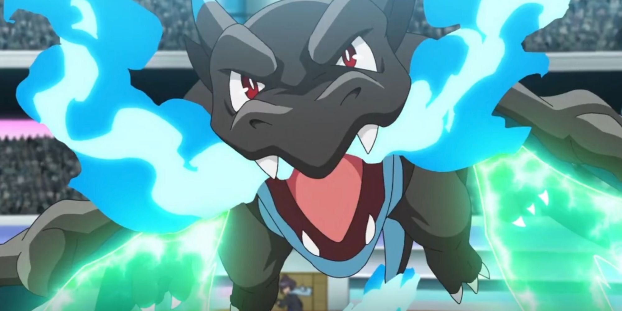 Mega Charizard X flying towards the camera with its mouth open in the Pokemon anime.